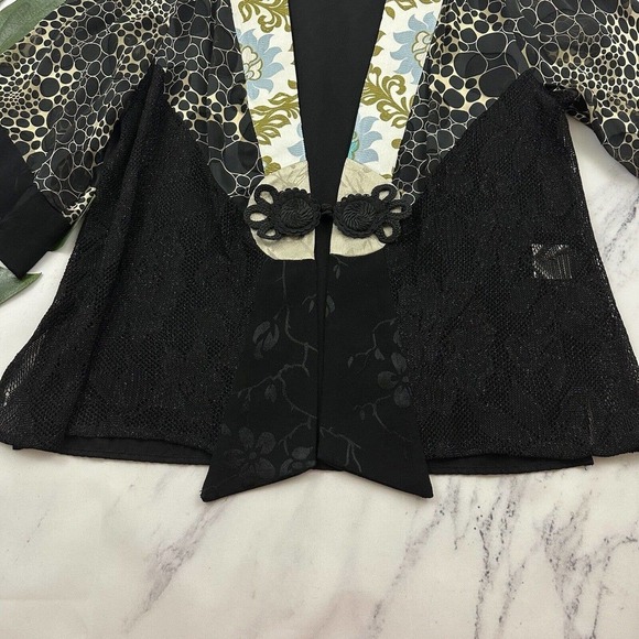 Spencer Alexis Kimono Blouse Top Size M Black Cream Silk Blend Floral Jacquard - Picture 5 of 12